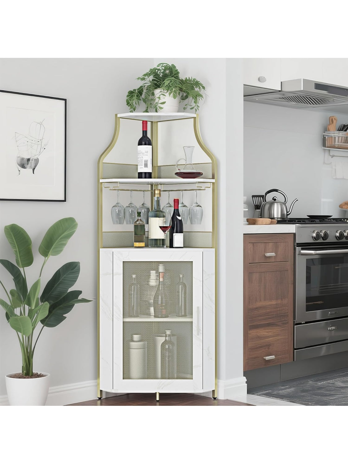 Mueble Bar Esquinero Industrial con Botellero, Porta Copas y 5 Niveles de Almacenaje, Dorado