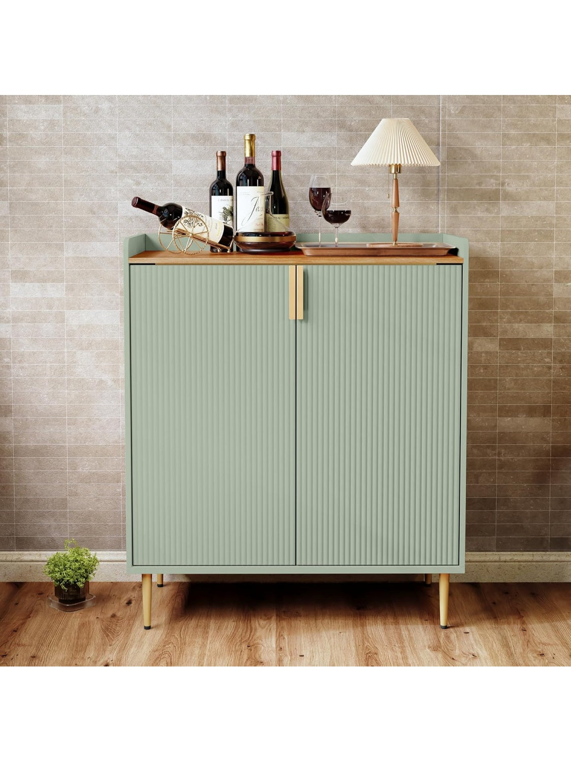 Botellero con Armario para Cafe y Vino, Mueble Bar con Espacio para 9 Botellas, Verde Salvia