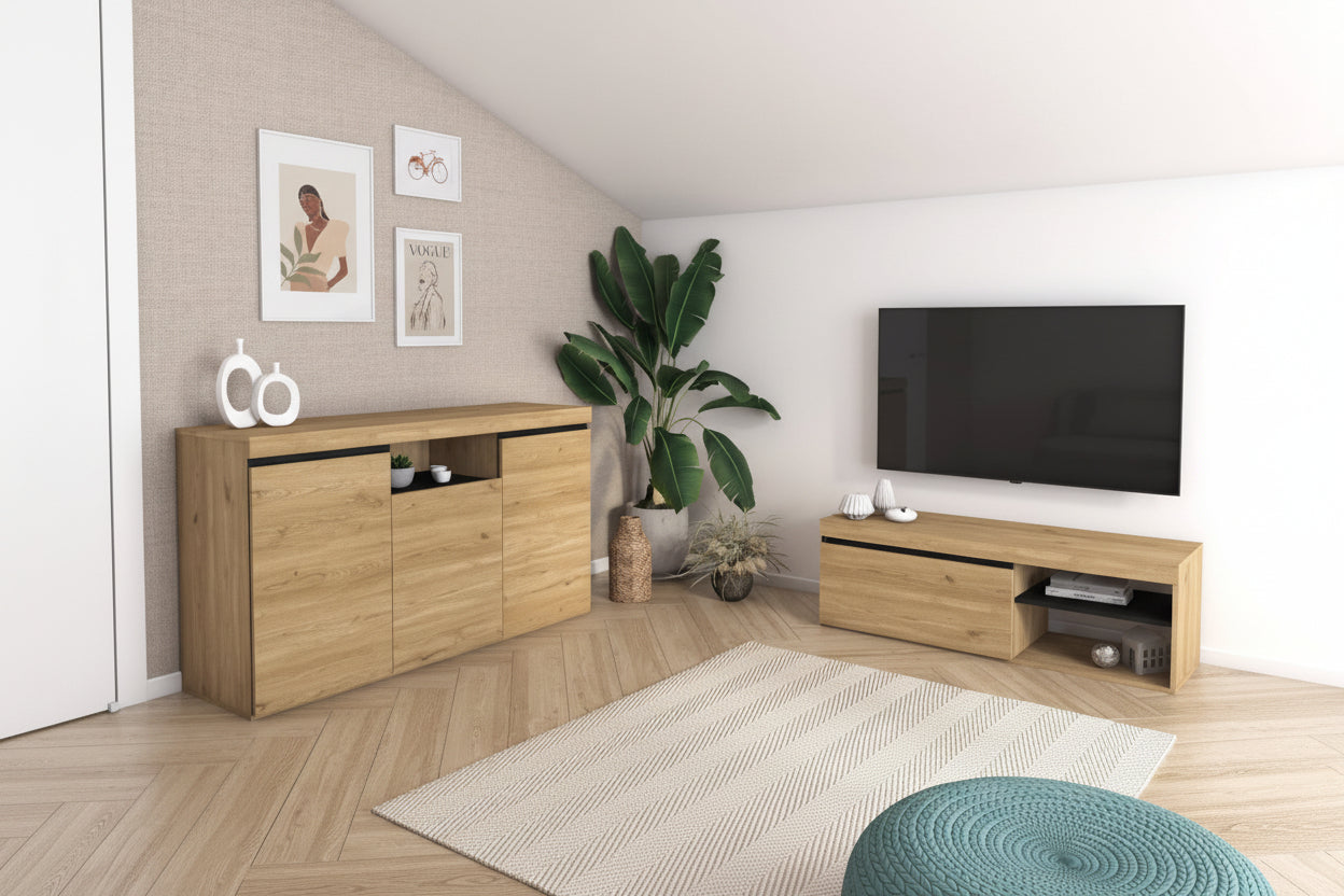Conjunto de Salon Nordico con Aparador y Mueble TV de 120 cm, Acabado Roble y Negro