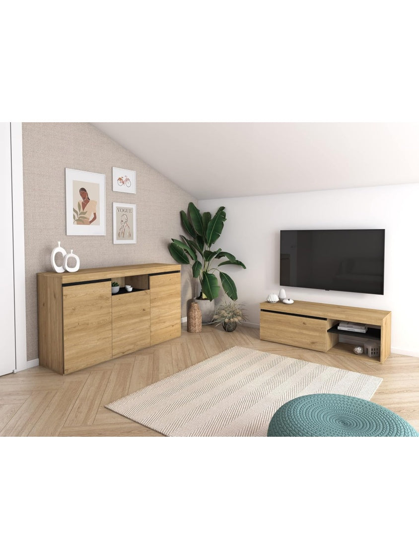 Conjunto de Salon Nordico con Aparador y Mueble TV de 120 cm, Acabado Roble y Negro