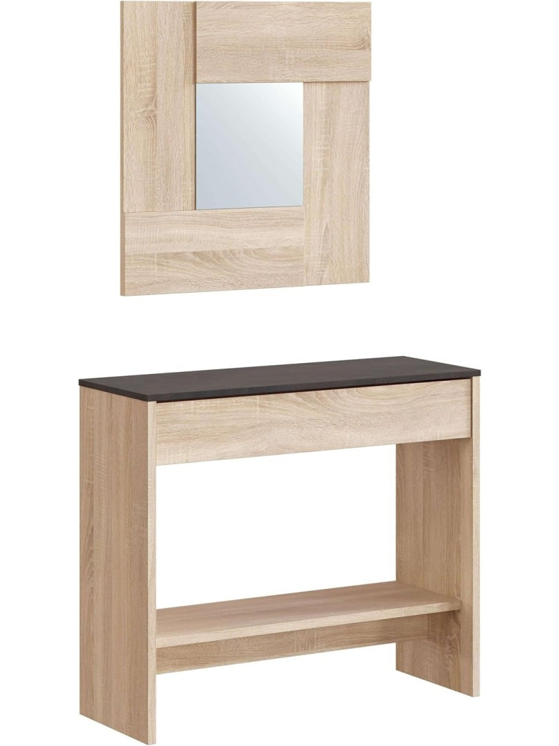 Consola para entrada con espejo y cajon en roble Canadian y acabado oxido, estilo contemporaneo