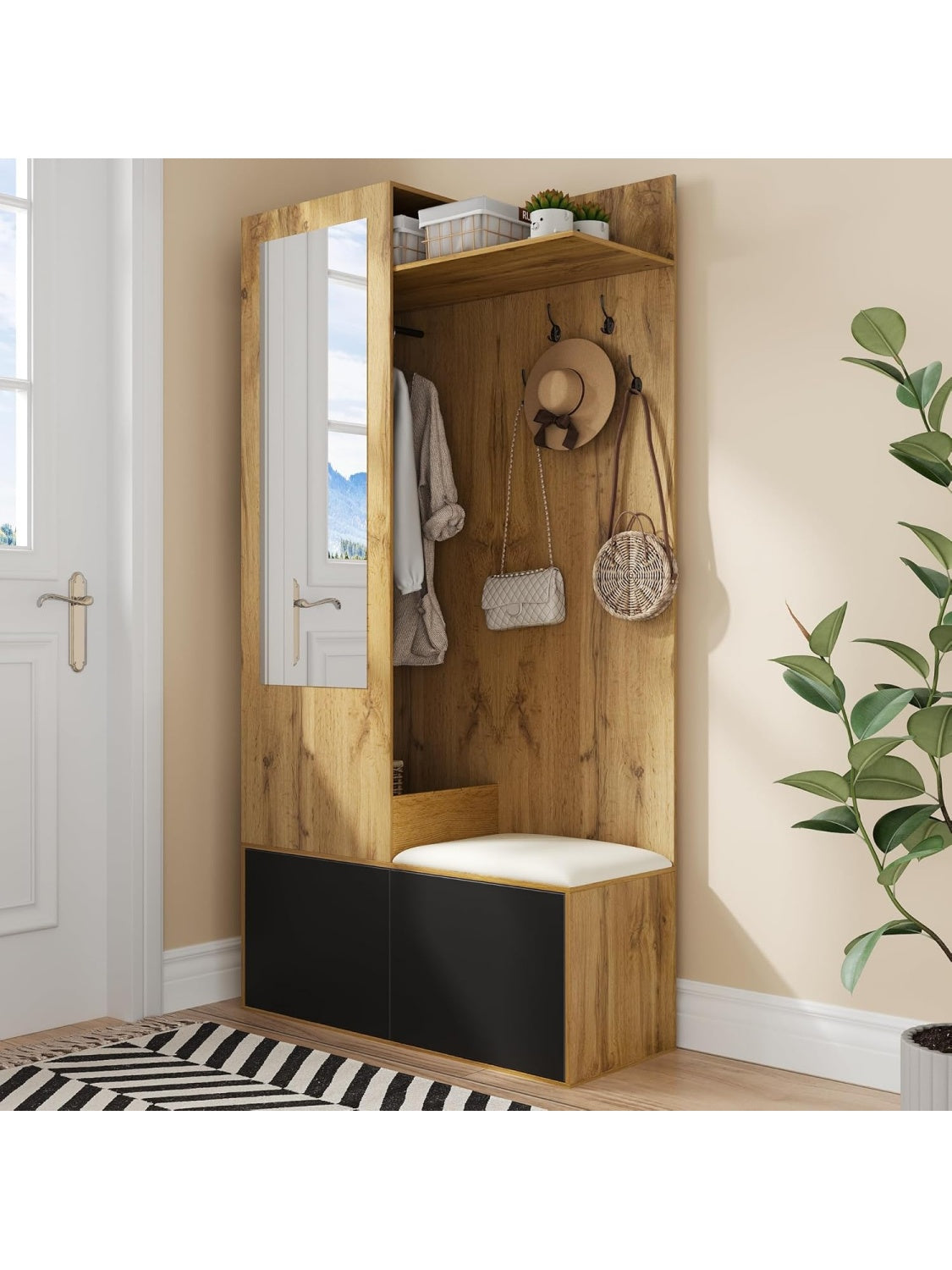 Recibidor Multifuncional con Zapatero, Espejo, Banco y Perchero, Mueble de Entrada Negro y Natural