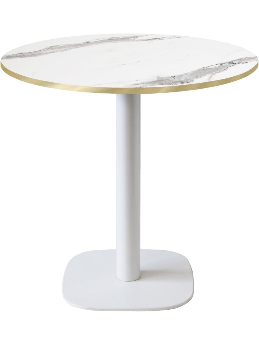 Mesa Circular de 70 cm con Acabado Blanco Superficie Marmorea y Perfil Decorativo en Laton