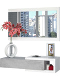Mueble Recibidor con Cajon y Espejo, Organizador para Entrada en Blanco Artik y Gris Cemento, 95 x 19 x 26 cm