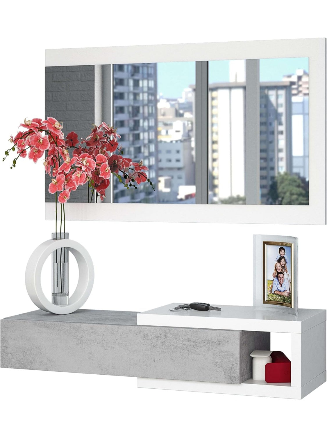 Mueble Recibidor con Cajon y Espejo, Organizador para Entrada en Blanco Artik y Gris Cemento, 95 x 19 x 26 cm