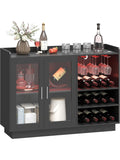 Mueble Bar con Botellero para 12 Botellas, Luces LED RGB, Estantes Ajustables y Puertas de Cierre Suave, Negro
