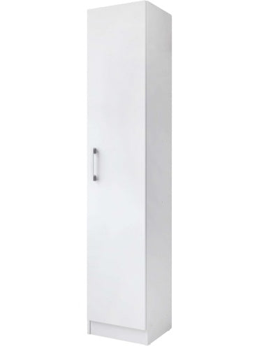 Columna auxiliar alta con puerta abatible y tres estantes para organizacion del hogar, color blanco