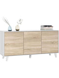 Buffet contemporaneo de tres puertas con patas elevadas para comedor o salon, blanco brillo y roble Canadian