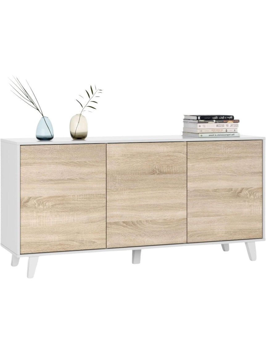 Buffet contemporaneo de tres puertas con patas elevadas para comedor o salon, blanco brillo y roble Canadian