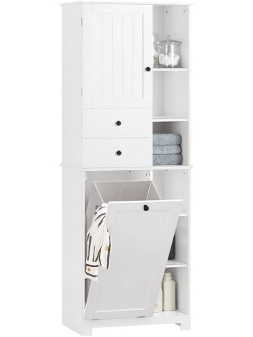 Armario de Bano con Cesto para Ropa y 6 Estantes, Mueble Alto de Almacenaje con Cajones, Blanco, 60 37 171 cm